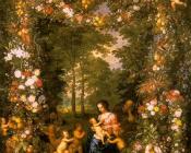 在花和果实的花环中的圣家庭 - 老简·布鲁格尔